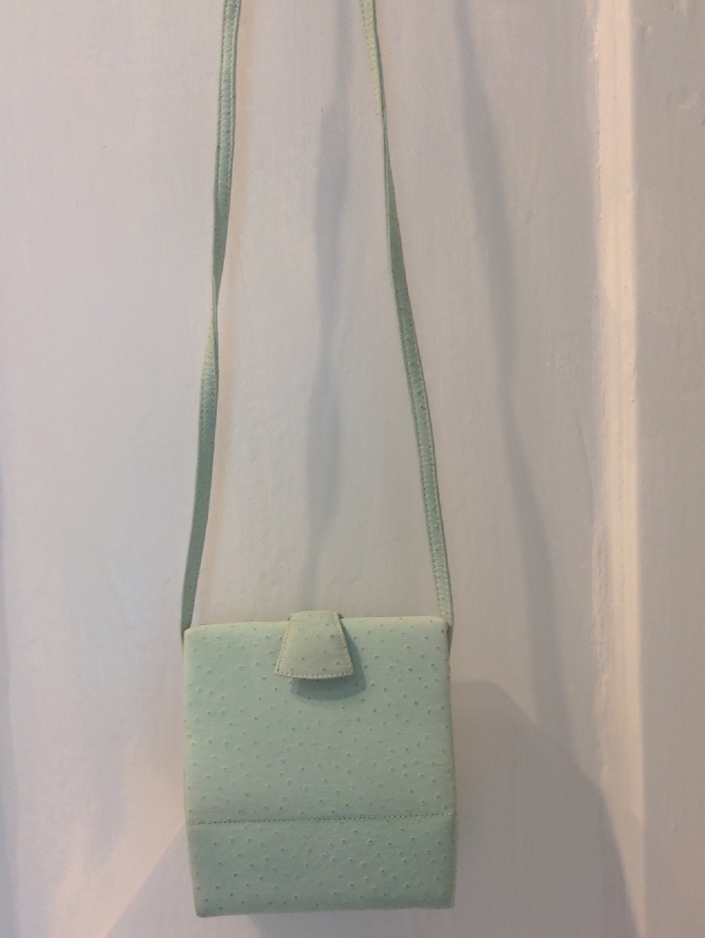 Mint Green Crossbody Shoulder Bag, Vintage Rodo Faux Ostrich Skin, 6 x 5 1/2 In